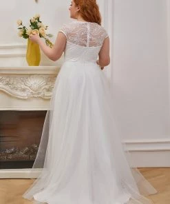 Ever-Pretty US Summer Dresses 2022 Custom Size Sheer Cap Sleeves Embroidery Wedding Dress