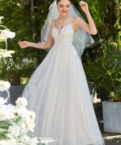 Ever-Pretty US Lace V-Neck Spaghetti Strap Empire Waist Tulle Wedding Dress Summer Dresses 2022