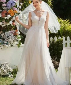Ever-Pretty US Vintage Sleeveless Lace Sheer Empire Waist A-Line Wedding Dress