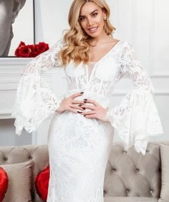 Ever-Pretty US All-Over Lace Bell Sleeve Fishtail Wedding Dress