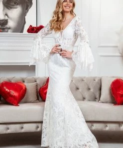Ever-Pretty US All-Over Lace Bell Sleeve Fishtail Wedding Dress