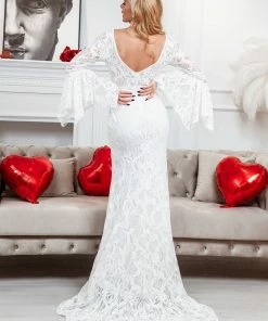 Ever-Pretty US All-Over Lace Bell Sleeve Fishtail Wedding Dress