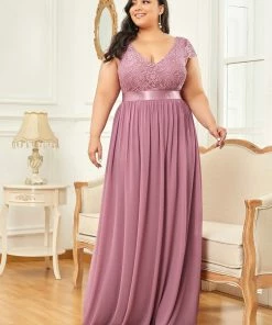 Ever-Pretty US Summer Dresses 2022 Elegant Lace V-Neck Short Sleeves Chiffon Mother Of The Bride Dress