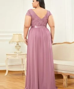 Ever-Pretty US Summer Dresses 2022 Elegant Lace V-Neck Short Sleeves Chiffon Mother Of The Bride Dress