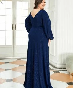 Ever-Pretty US Plus Size Lantern Sleeve V-Neck Floor-Length Mother Of The Bride Dress