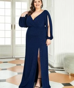 Ever-Pretty US Plus Size Lantern Sleeve V-Neck Floor-Length Mother Of The Bride Dress