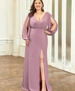 Ever-Pretty US Plus Size Lantern Sleeve V-Neck Floor-Length Mother Of The Bride Dress