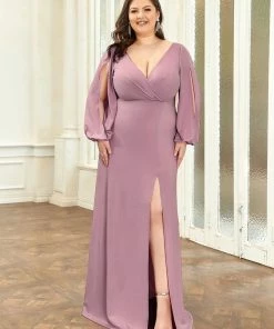 Ever-Pretty US Plus Size Lantern Sleeve V-Neck Floor-Length Mother Of The Bride Dress