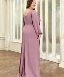 Ever-Pretty US Plus Size Lantern Sleeve V-Neck Floor-Length Mother Of The Bride Dress