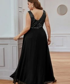Ever-Pretty US Elegant Paillette & Chiffon V-neck A-line Sleeveless Plus Size Evening Dresses