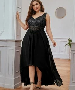 Ever-Pretty US Elegant Paillette & Chiffon V-neck A-line Sleeveless Plus Size Evening Dresses