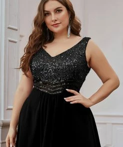 Ever-Pretty US Elegant Paillette & Chiffon V-neck A-line Sleeveless Plus Size Evening Dresses