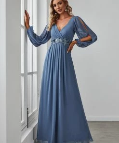 Ever-Pretty US Long Sleeve Dresses Custom Size Chiffon V-Neckline Long Sleeve Formal Evening Dress