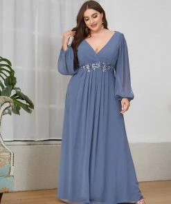 Ever-Pretty US Long Sleeve Dresses Custom Size Chiffon V-Neckline Long Sleeve Formal Evening Dress