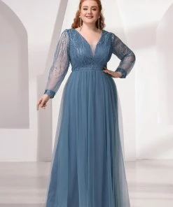 Ever-Pretty US Long Sleeve Dresses Custom Size Sequin Bodice Sheer Long Sleeves Maxi Evening Dress
