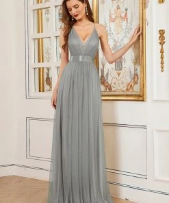 Ever-Pretty US Sexy V-neck Open Back Pleated Maxi Tulle Evening Dresses