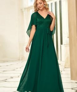 Ever-Pretty US Deep V Neck Lace Bodice Long Flowy Evening Dress