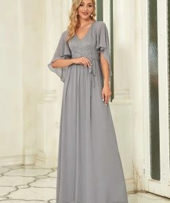 Ever-Pretty US Deep V Neck Lace Bodice Long Flowy Evening Dress