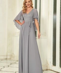Ever-Pretty US Deep V Neck Lace Bodice Long Flowy Evening Dress