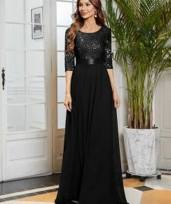 Ever-Pretty US Elegant Round Neckline Long Sleeves Sequin Evening Dress