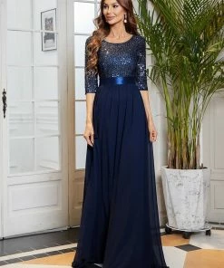 Ever-Pretty US Elegant Round Neckline Long Sleeves Sequin Evening Dress