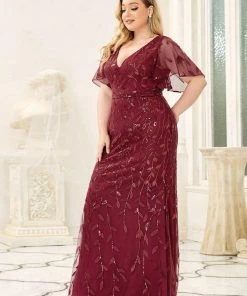 Ever-Pretty US Fashion Plus Size V Neck Mermaid Sequin & Tulle Evening Dress