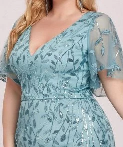 Ever-Pretty US Fashion Plus Size V Neck Mermaid Sequin & Tulle Evening Dress