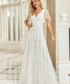 Ever-Pretty US Vintage Floral Lace Print Wedding Dresses With Tulle Sleeve