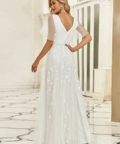 Ever-Pretty US Vintage Floral Lace Print Wedding Dresses With Tulle Sleeve