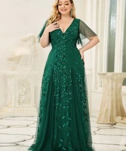 Ever-Pretty US SHOP BY OCCASION Plus Size V Neck Maxi Sequin Tulle Formal Dresses