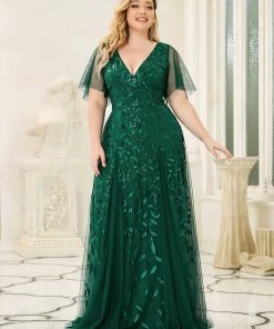 Ever-Pretty US Plus Size Shimmery V Neck Formal Evening Gowns With Ruffles Sleeves