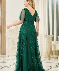 Ever-Pretty US SHOP BY OCCASION Plus Size V Neck Maxi Sequin Tulle Formal Dresses