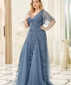 Ever-Pretty US SHOP BY OCCASION Plus Size V Neck Maxi Sequin Tulle Formal Dresses