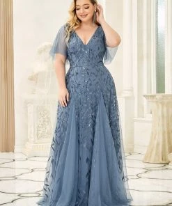 Ever-Pretty US Plus Size Shimmery V Neck Formal Evening Gowns With Ruffles Sleeves