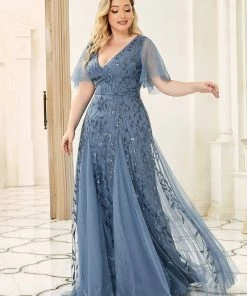 Ever-Pretty US SHOP BY OCCASION Plus Size V Neck Maxi Sequin Tulle Formal Dresses