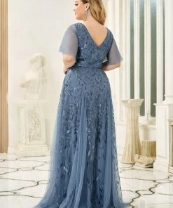 Ever-Pretty US Shimmery V Neck Ruffle Sleeves Sequin Maxi Long Evening Dress