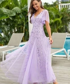 Ever-Pretty US Shimmery V Neck Ruffle Sleeves Sequin Maxi Long Evening Dress