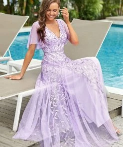 Ever-Pretty US Shimmery V Neck Ruffle Sleeves Sequin Maxi Long Evening Dress
