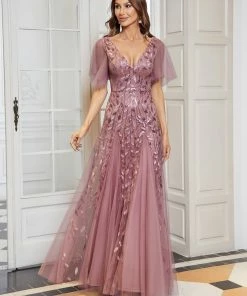 Ever-Pretty US Shimmery V Neck Ruffle Sleeves Sequin Maxi Long Evening Dress