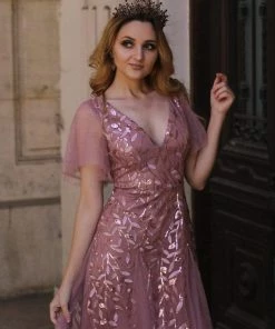 Ever-Pretty US Shimmery V Neck Ruffle Sleeves Sequin Maxi Long Evening Dress