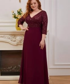 Ever-Pretty US Plus Size V Neck A-Line Sequin Formal Evening Dress With Sleeve