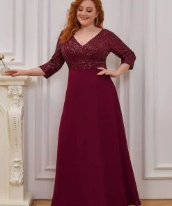 Ever-Pretty US Plus Size V Neck A-Line Sequin Formal Evening Dress With Sleeve