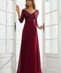 Ever-Pretty US Sexy V Neck Sequin Evening Dresses With 3/4 Sleeve SHOP BY OCCASION