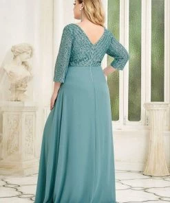 Ever-Pretty US Plus Size V Neck A-Line Sequin Formal Evening Dress With Sleeve