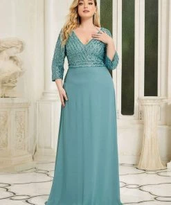 Ever-Pretty US Plus Size V Neck A-Line Sequin Formal Evening Dress With Sleeve