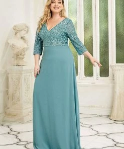 Ever-Pretty US Plus Size V Neck A-Line Sequin Formal Evening Dress With Sleeve