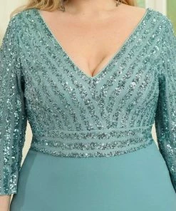 Ever-Pretty US Plus Size V Neck A-Line Sequin Formal Evening Dress With Sleeve