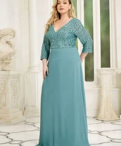Ever-Pretty US Plus Size V Neck A-Line Sequin Formal Evening Dress With Sleeve