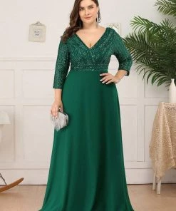Ever-Pretty US Plus Size V Neck A-Line Sequin Formal Evening Dress With Sleeve