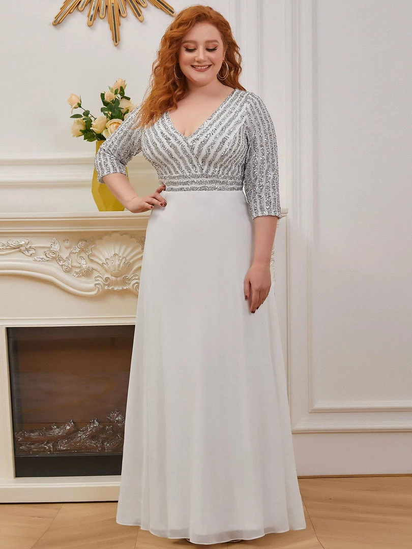 Ever-Pretty US SHOP BY STYLE Plus Size Sequin Bodice Long Sleeves Flowy White Wedding Dress 6 Ever-Pretty US SHOP BY STYLE Plus Size Sequin Bodice Long Sleeves Flowy White Wedding Dress